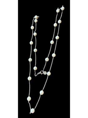 Majorica Necklace 925 Sterling Silver Faux Freshwater Pearl Station Beaded